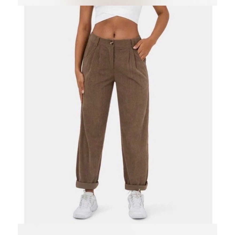 Halara AuraCord Cloud Corduroy Pants Brown Pleated Stretch Trousers Womens M NWT